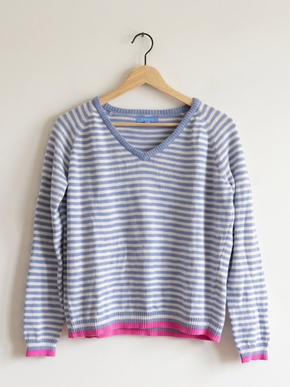 Burgess Blue White Striped V-Neck Sweater Cotton Silk Blend Pink Trim M